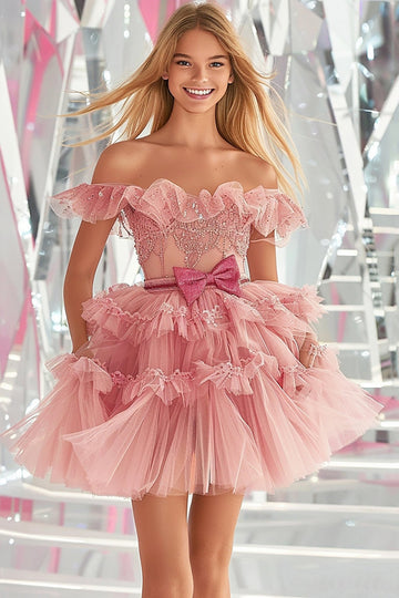 Blush Robe de balle en tulle à épaules dénudées avec nœud